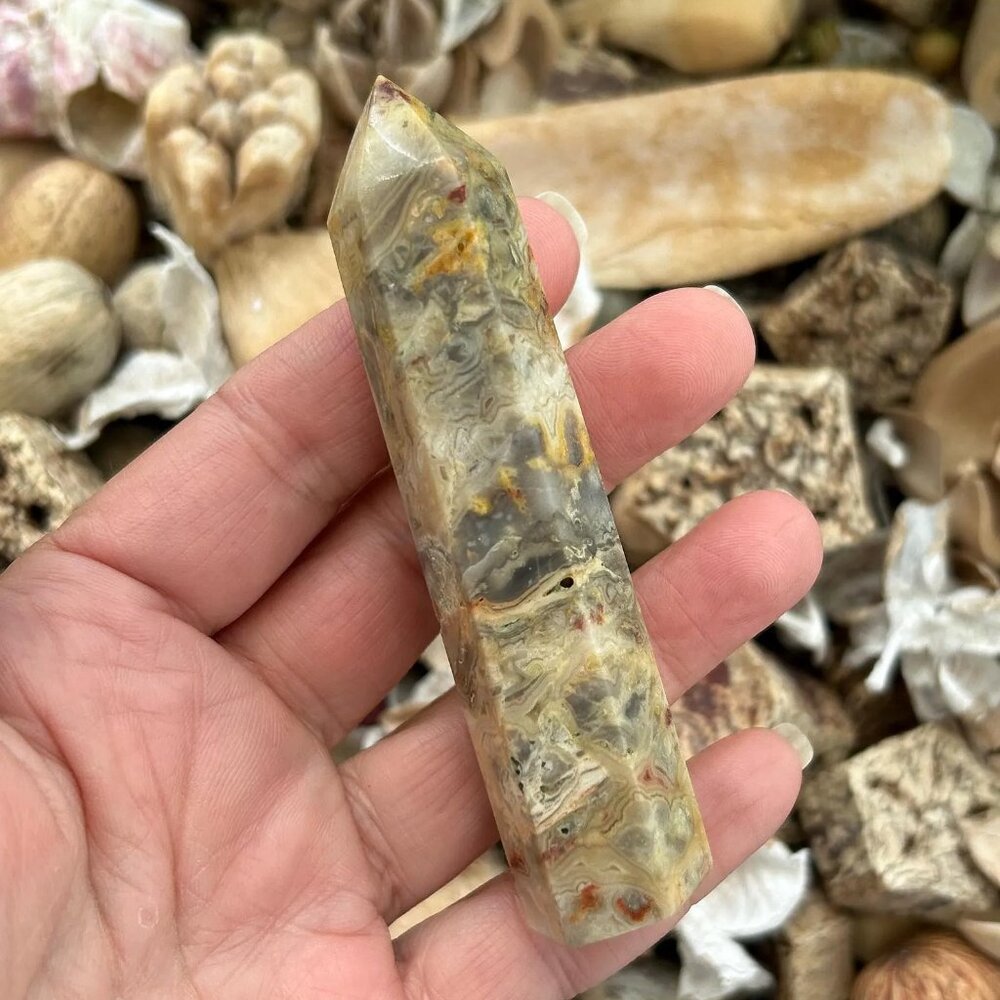 Crazy Lace Agate 2 Crystal Tower - Carved Stone Point Wand Chakra Obelisk 3 3/4"